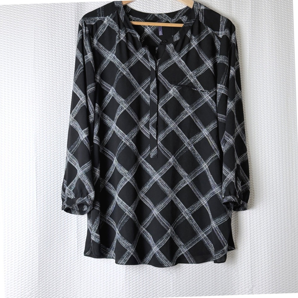 NYDJ Blouse Women XL Black White Plaid Pleated Academia Workwear Office Flowy